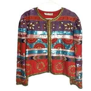 Vintage Night Vogue Sequined Beaded Silk Jacket Womens M Red Aqua Art to Wear